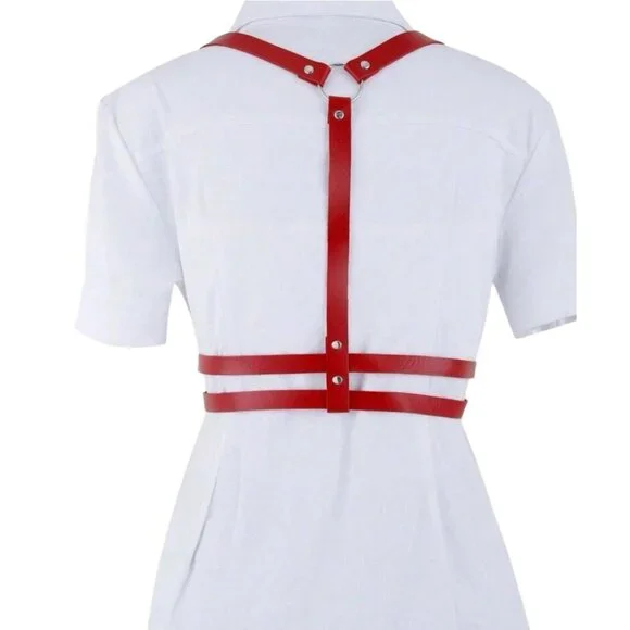 Women Plus Size Gothic Style Red PU Leather Sexy Harness Waist Belt - Picture 3 of 4